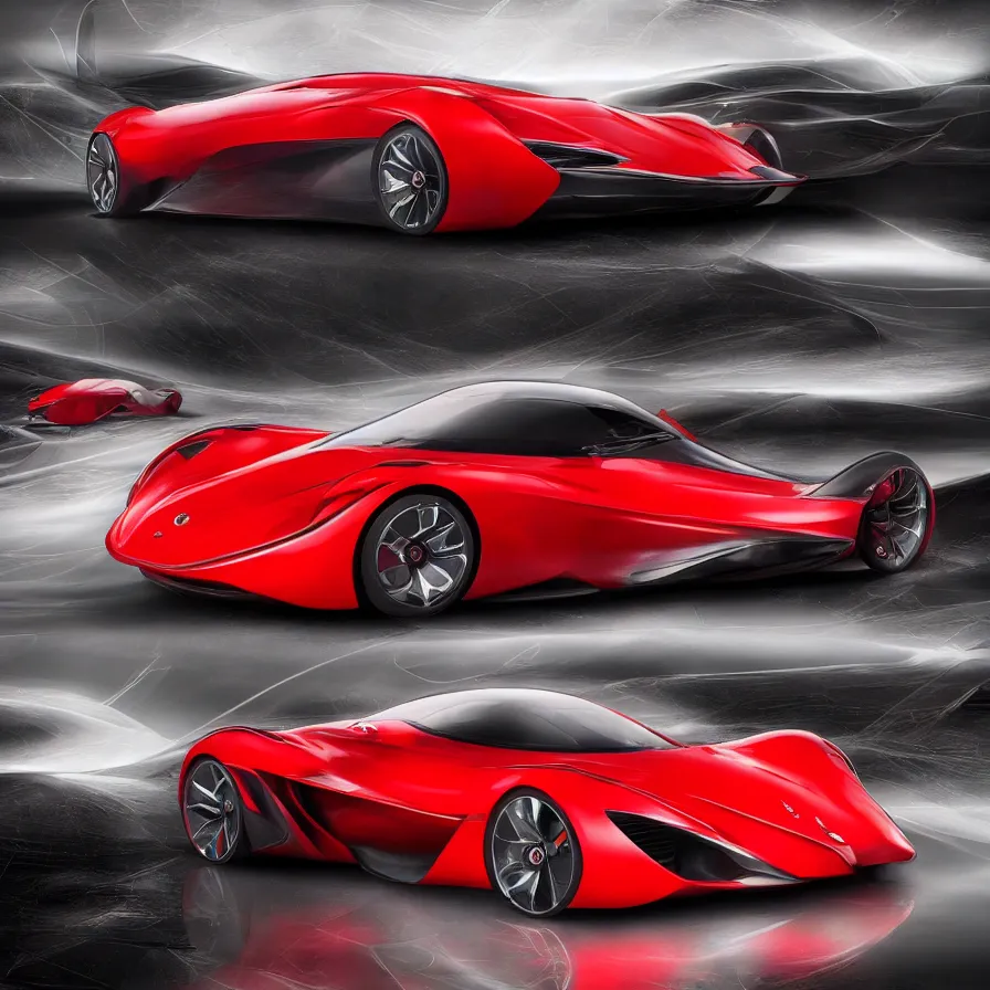 Prompt: exotic finality red fluid futuristic sportscar race designed by lotus pininfarina and vw design, circa 1 0, 0 0 0 hdr, photorealistic, volumetric lighting, 8 k, bokeh