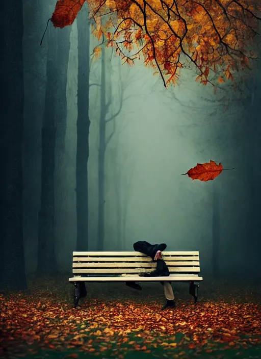 Prompt: man crumbles into leaves. conceptual photography portrait of an old man on a park bench falling apart into leaves, autumn tranquility, forgetfulness, fading to dust and leaves, oblivion, inevitability, aging, surreal portrait, moody, by tom bagshaw, cold, 4 k