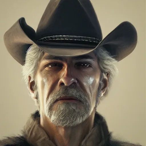 Prompt: portrait of a man with a long duster, grey hair and a cowboy hat, harsh good looking face, middle aged, drawn by Ruan Jia, disco elysium style, highly detailed
