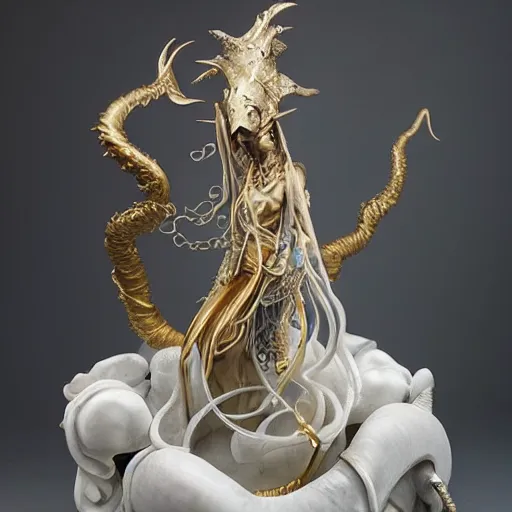 Image similar to angelarium, illithid, cthulhu, white with gold accents, sculpture by ellen jewett