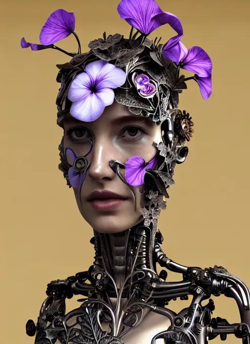 Image similar to bw 3 d model, biomechanical female cyborg with porcelain profile face and a big floral eye, big leaves foliage and stems, morning glory flowers, hibiscus flowers, boho floral vines, sinuous fine roots, fine filigree foliage lace, alexander mcqueen, rim light, art nouveau fashion pearl embroidered, steampunk, redshift render, artstation, 8 k