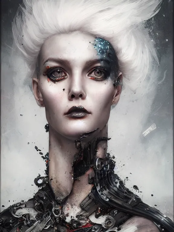 Prompt: a photorealistic splatterpunk portrait of a gorgeous model with shadowy eyes and bonewhite hair, with black glossy lips, hyperrealistic, award - winning, 8 k, in the style of tom bagshaw, cedric peyravernay, peter mohrbacher