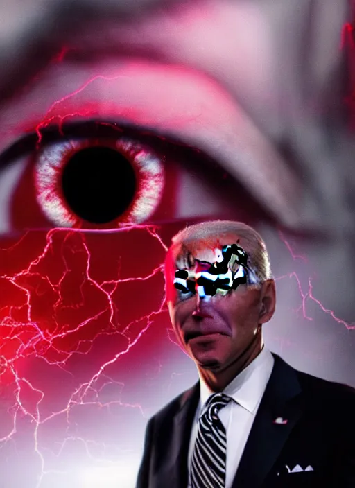 Image similar to hyper realistic ultra realistic chaos magic photo furious glowing red eyes biden, high quality photo, detailed , 8k