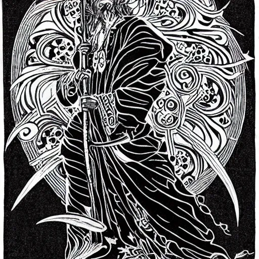 Image similar to black and white pen and ink!!!!!!! Suprani!!!!! wizard Nick Drake wearing High Royal flower print robes flaming!!!! final form flowing ritual royal!!! Contemplative stance Vagabond!!!!!!!! floating magic swordsman!!!! glides through a beautiful!!!!!!! Camellia!!!! Tsubaki!!! death-flower!!!! battlefield behind!!!! dramatic esoteric!!!!!! Long hair flowing dancing illustrated in high detail!!!!!!!! by Hiroya Oku!!!!!!!!! graphic novel published on 2049 award winning!!!! full body portrait!!!!! action exposition manga panel black and white Shonen Jump issue by David Lynch eraserhead and beautiful line art Hirohiko Araki!! Frank Miller, Kentaro Miura!, Jojo's Bizzare Adventure!!!! 3 sequential art golden ratio technical perspective panels horizontal per page