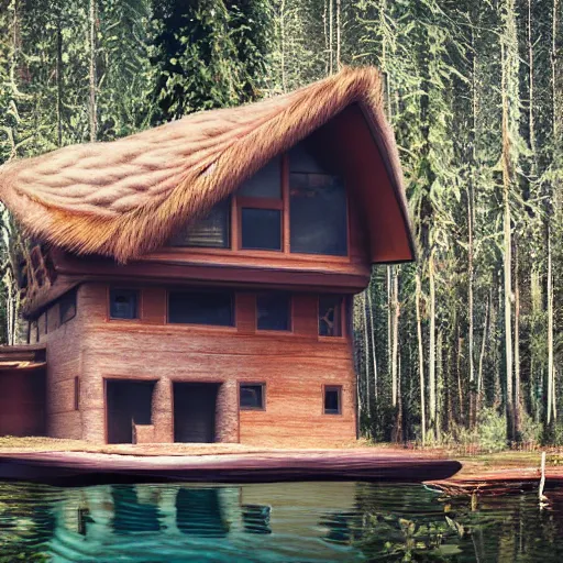 Image similar to a house made of a long hair. The house is made of 3 mammalian abdomens. The fur house sits in a lake on the edge of a forest. A family is living inside the fur house and it is furnished with contemporary furniture and art. ultra wide shot, Coronarender, 8k, photorealistic