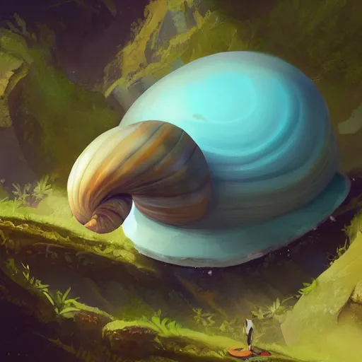 Prompt: A snail on top of a cliff, watching everything slowly get sucked into a blackhole, digital art, artstation, Mandy Jurgens, CGSociety, WLOP