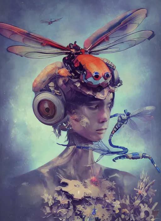 Image similar to surreal gouache painting, by yoshitaka amano, by ruan jia, by Conrad roset, by good smile company, detailed anime 3d render of a Colorful Giant dragonfly sitting on a DJ mixer, portrait, cgsociety, artstation, rococo mechanical and electronic, dieselpunk atmosphere