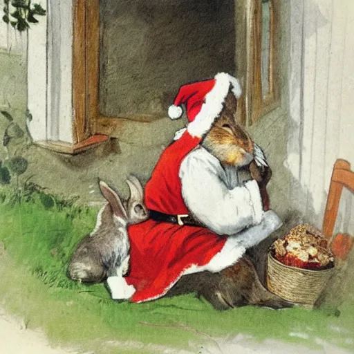 Prompt: a rabbit dressed as santa is eating porridge outside a cottage, in the style of anders zorn