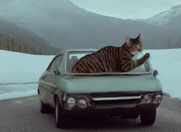 Image similar to A very high resolution image from a new movie, a cat driging around, inside of a car , mountains, Polaroid, directed by wes anderson