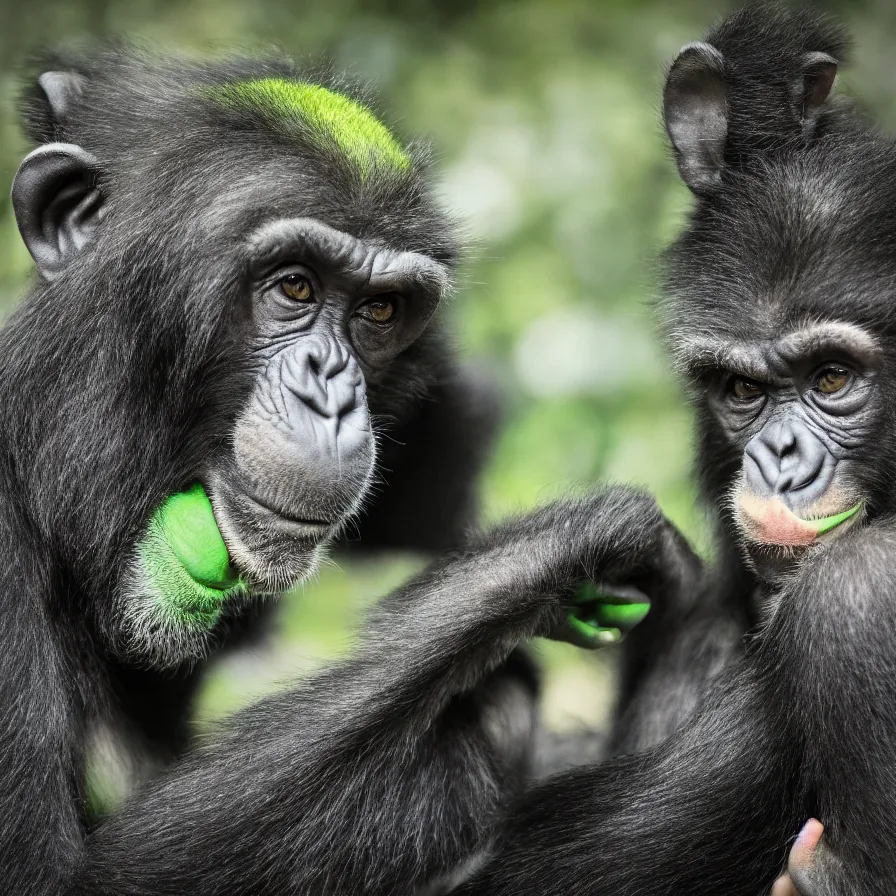 Image similar to a high quality photo of a green chimp wearing headphones, realism, 8k