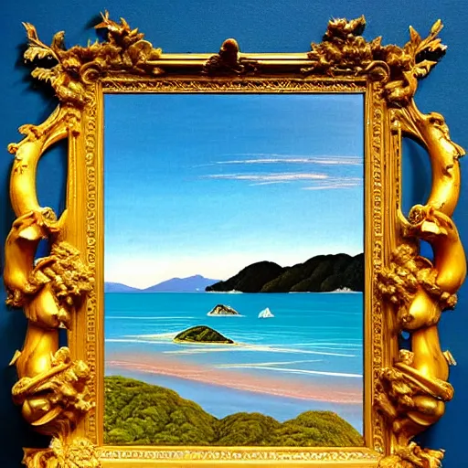 Image similar to golden bay abel tasman new zealand, rococo art style, highly detailed, highly detailed ethereal surrealist art