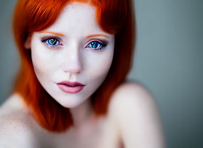 Image similar to 5 5 mm portrait photo of a redhead woman's face with ( intricate cat eyes )!!. highly detailed 8 k. intricate. lifelike. soft light. nikom d 8 5 0. cinematic post - processing