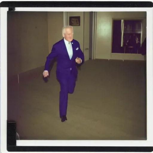 Prompt: polaroid image of joe biden chasing after a man.