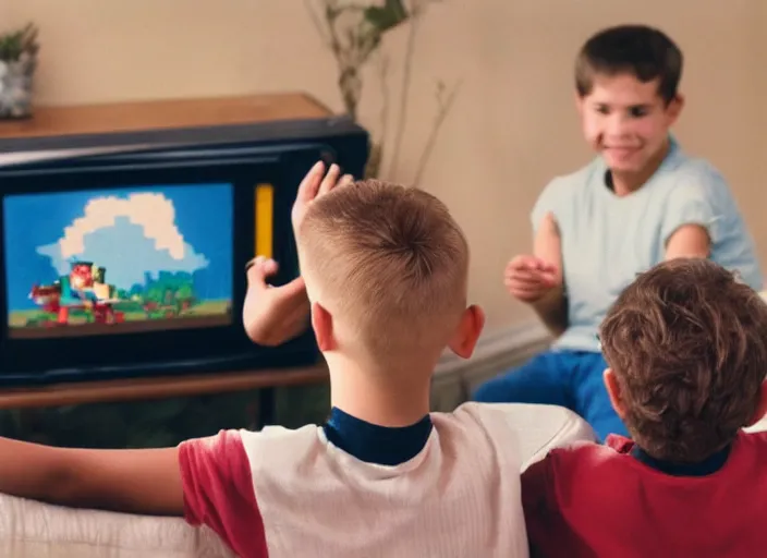 Prompt: old photo of kids in front of tv playing nintendo 6 4