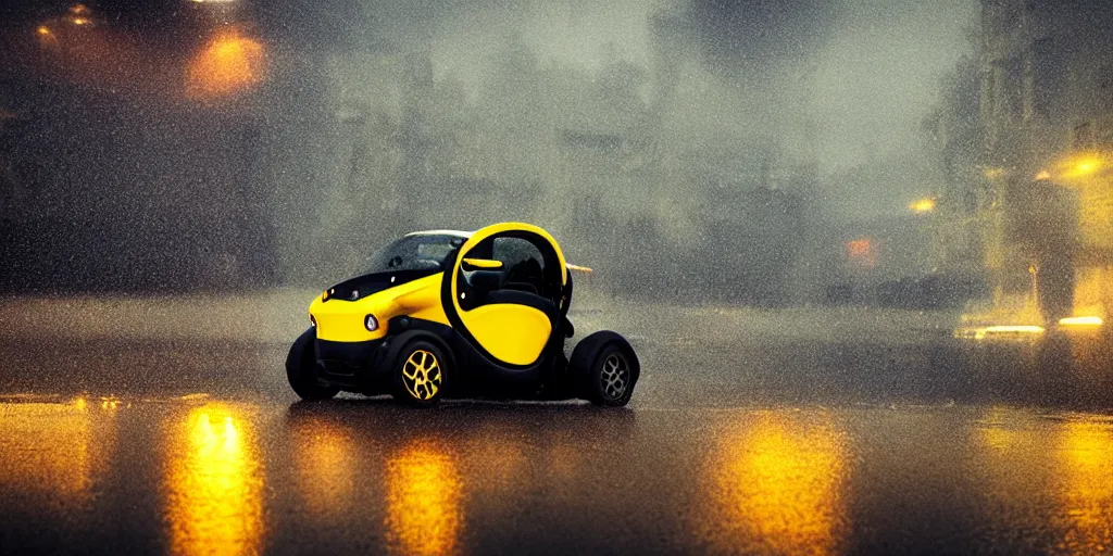 Image similar to parked renault twizy, fog, rain, volumetric lighting, beautiful, golden hour, sharp focus, highly detailed, cgsociety