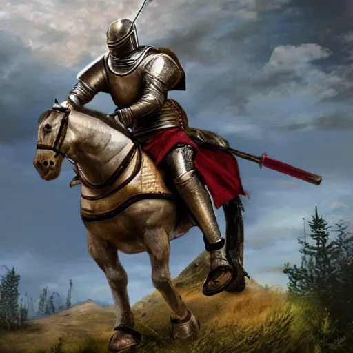 Image similar to a medieval knight riding a mountain bike in photorealistic style