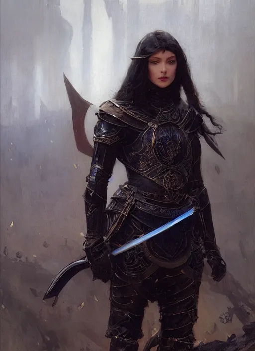 Image similar to beautiful blue eyed woman wearing simple black medieval armour, detailed by gaston bussiere, bayard wu, greg rutkowski, giger, maxim verehin, greg rutkowski, masterpiece, sharp focus, cinematic lightning