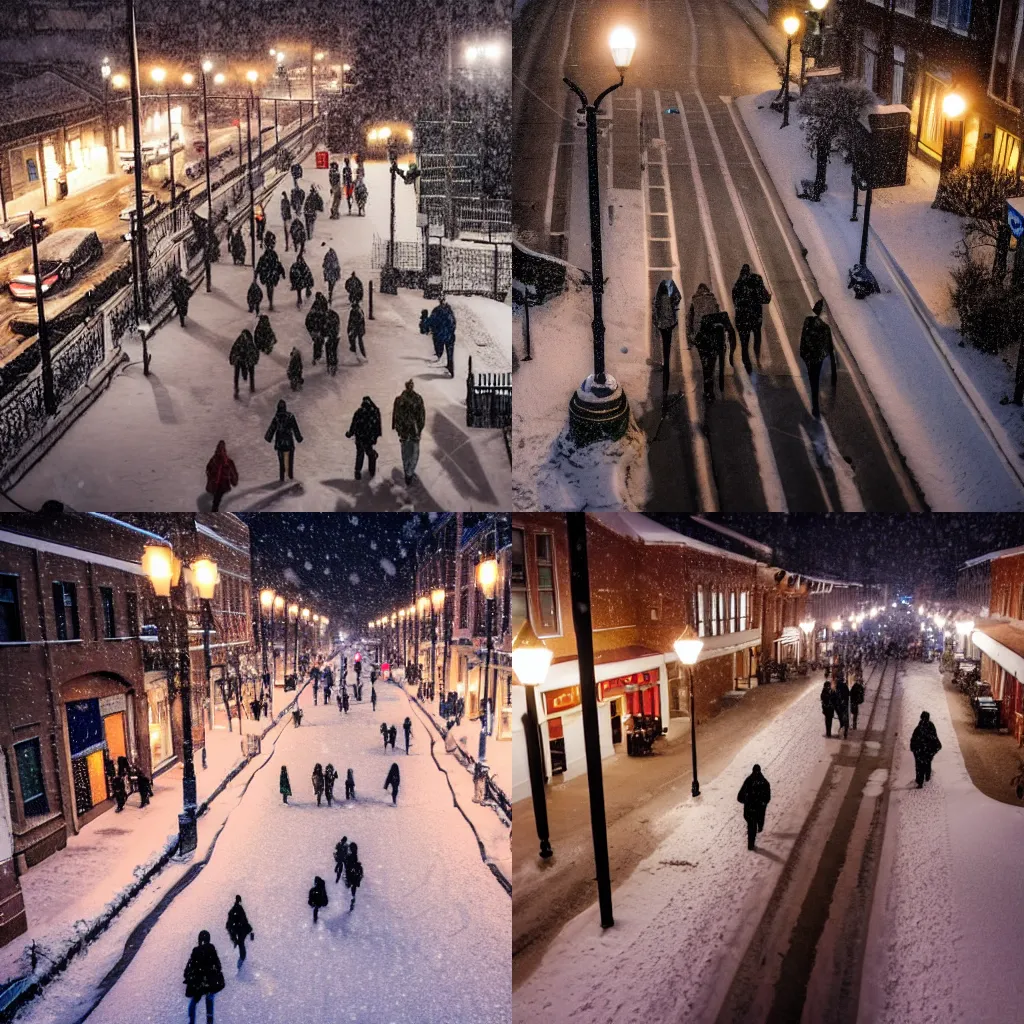 Prompt: overhead view of people walking on a street in a small town during a snowy evening, lit lamp posts, light snowy weather, dim lighting, high definition