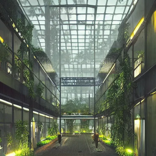 Prompt: dark cyberpunk futuristic greenhouse apartments in a tropical forest setting. dusty moody lighting. rain is falling down a central hole in the interior of the building into a pool. architectural concepts inspired by dune 2 0 4 9, 8 k, photorealism