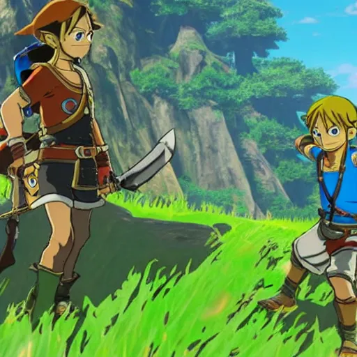 Image similar to a screencap of the legend of zelda breath of the wild, of one piece's luffy in breath of the wild