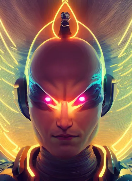 Image similar to glowwave portrait of saitama from overwatch, au naturel, hyper detailed, digital art, trending in artstation, cinematic lighting, studio quality, smooth render, unreal engine 5 rendered, octane rendered, art style by klimt and nixeu and ian sprigger and wlop and krenz cushart.