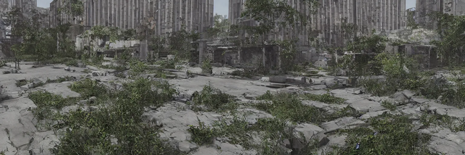 Image similar to “overgrown concrete abandoned city landscape, plants growing on buildings, unreal engine 5, raytracing, 8k”