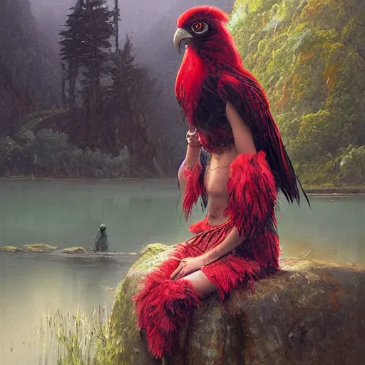 Image similar to Young Harpy-Girl, red feathered wings, wearing Inka clothes, sad expression, sitting at a pond, mountainous area, trees in the background, oil painting, by Greg Rutkowski