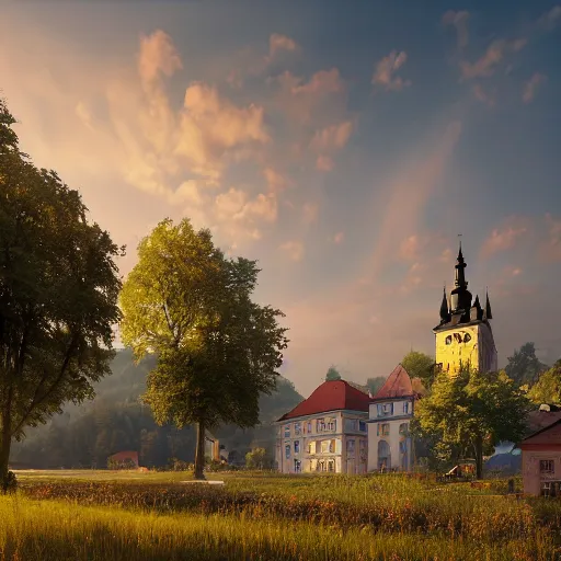 Prompt: a beautiful hyper realistic photo of banska stiavnica in summer with old houses and trees in sunset, sky, v - ray, octane render, unreal engine, by greg rutkowski and james gurney, artstation