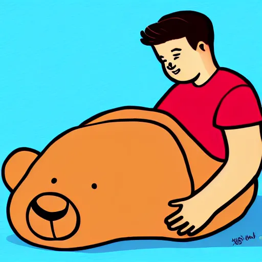 Prompt: young man burying his face on the belly of a giant teddy bear, cute, digital painting,