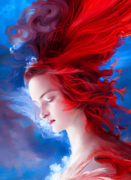 Image similar to a painting of a woman who made of curly and transparent feathers and cloud with red edges is holding a sword, a digital painting by charlie bowater, made of many translucent layers of blue feathers and cloud, metaphysical painting, speedpainting, digital painting, holographic undertones, highly saturated colors, 4 k, glossy eyes, concept art, trending on artstation