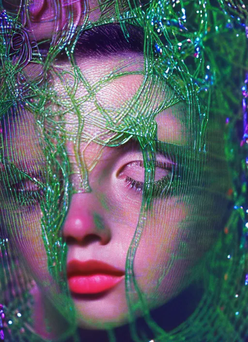 Image similar to realistic photo of a a blurred face of a girl, covered in plastic iridescent vines 1 9 6 0, life magazine photo, natural colors, metropolitan museum, kodak, 8 k, very detailed, high resolution, product photo,