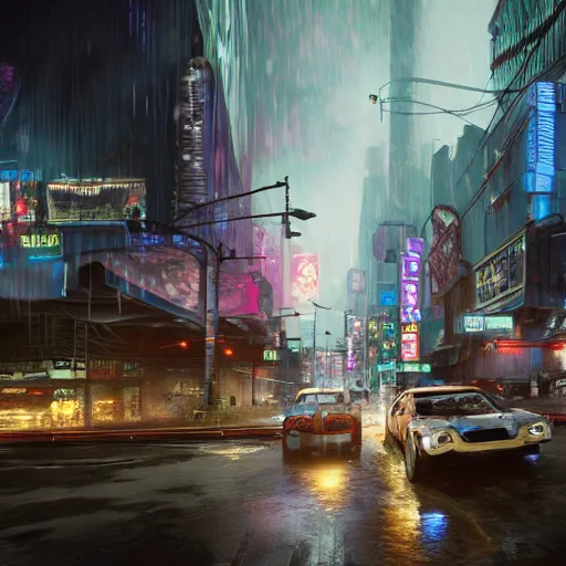 Image similar to a 3 d rendered in unreal engine guatemalan cyberpunk city with flying cars with neon ads and signs with evocative dramatic mood with blade runner vibe with cars and floating vehicles with motion blur with depth of field with bloom with lightshaft with volumetric lights, fog, by jeremy mann, oscar winning graphics, photo realistic, bloom, imax, dynamic lighting, artstation,