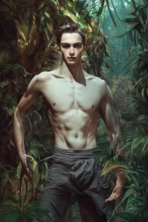 Image similar to stunningly beautiful, male prima ballerina in jungle, symmetrical face, golden hour, smooth, focus, highly detailed, hyper realistic, dramatic lighting, elegant, intricate, concept art, art by wlop, mars ravelo, greg rutowski, artstation