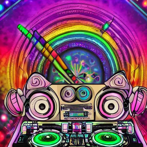Prompt: shoulder back tattoo of a multicolored cute bush baby wearing headphones, in front is dj desk with cd mixer, eyes are colorful spirals, surrounded with colorful magic mushrooms and rainbowcolored marihuana leaves, insanely integrate