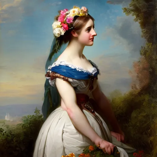 Prompt: beautiful painting of a young German noble woman standing with a flower crown on her head by Franz Xaver Winterhalter, high detailed, high quality, stunning light, vivid, 8k, Rococo, Neoclassicism, Romanticism