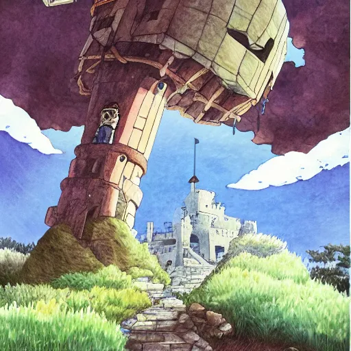 Image similar to laputa castle in the sky robot hayao miyazaki stands in a small clearing among trees, watercolor illustration for a book