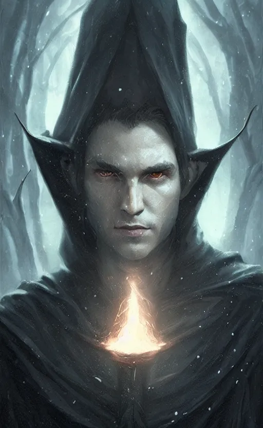 Image similar to Portrait of an elf in a black cloak, black hair, glowing eyes, male, detailed face, fantasy, highly detailed, cinematic lighting, digital art painting by greg rutkowski