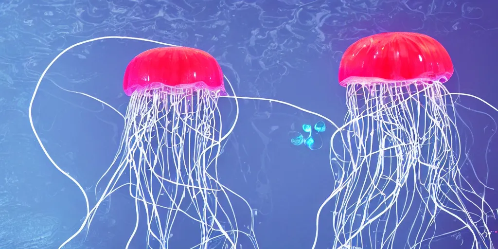 Prompt: a low detailed jellyfish in water electrocuting a floating heart with keyboard and laptop using fiber optics