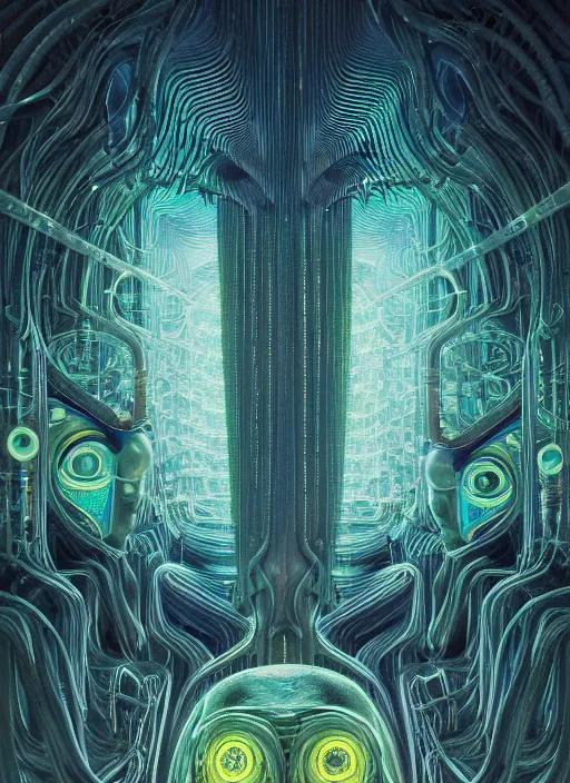 Image similar to A wall full of eyes, symmetrical, neon, RGB, glowing wires everywhere, pristine, by Edgar Maxence and Ross Tran, Zdzisław Beksiński, and Michael Whelan, gustav dore, H.R. Giger, 8k, octane render