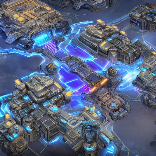 Image similar to a starcraft 2 map in cyberpunk, sky view 4k detailed, beautiful, concept render