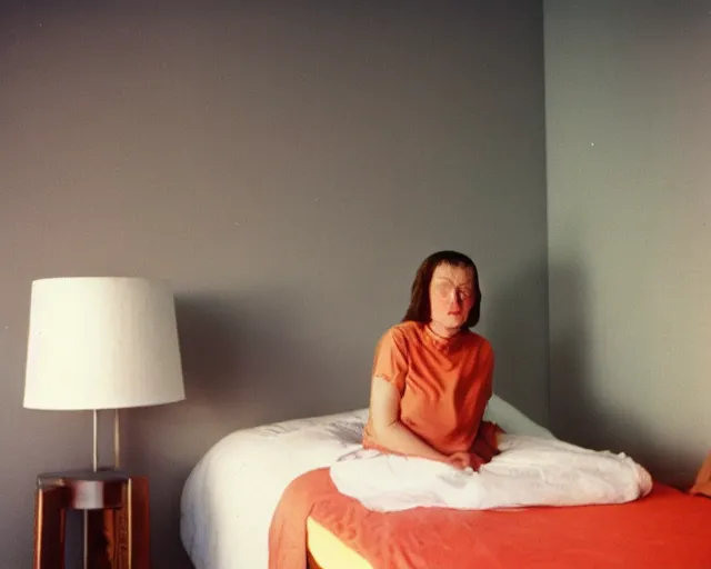Prompt: a woman standing in a bedroom next to a bed, a colorized photo by Wilhelm Sasnal, tumblr, precisionism, 1970s, matte photo, provia