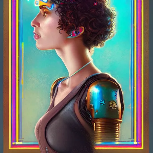 Prompt: Lofi cyberpunk portrait beautiful woman with short brown curly hair, roman face, Romanesque, unicorn, rainbow, floral, Pixar style, Tristan Eaton, Stanley Artgerm, Tom Bagshaw