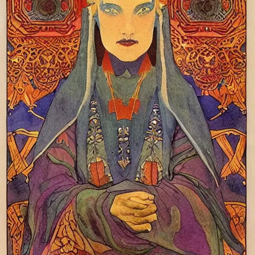 Image similar to the lantern crown, by Annie Swynnerton and Nicholas Roerich and (((Edmund Dulac))), embroidered brocade, tattoos, elaborate costume, geometric ornament, symbolist, rich colors, dramatic lighting, smooth, sharp focus, extremely detailed