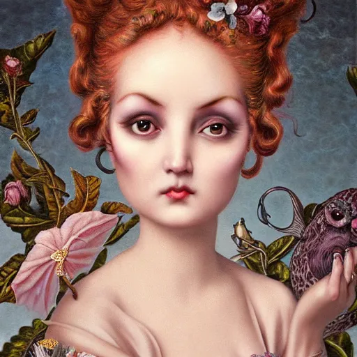 Prompt: a 3 d realistic image of a stunning women looking at the camera mark ryden, rococo, art nouveau, pop 3 d 8 k ultra detailed