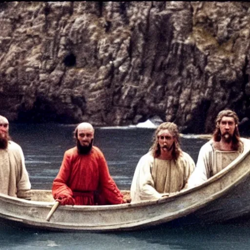 Image similar to Cinematic still of Stunned Men in 1st century clothing standing on a boat, looking in shock at the calm water, peaceful, epic directed by Ridley Scott