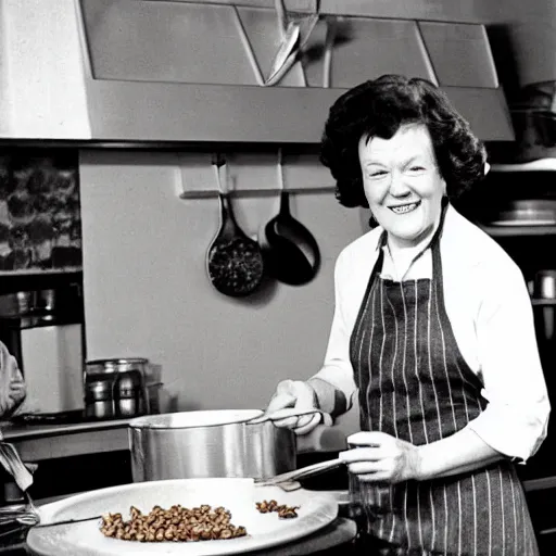 Prompt: color photo of julia child cooking show making corn dogs