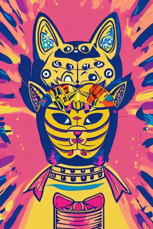 Prompt: Portrait of a cat as a Mexican wrestler in a mask, sticker, colorful, illustration, highly detailed, simple, smooth and clean vector curves, no jagged lines, vector art, smooth