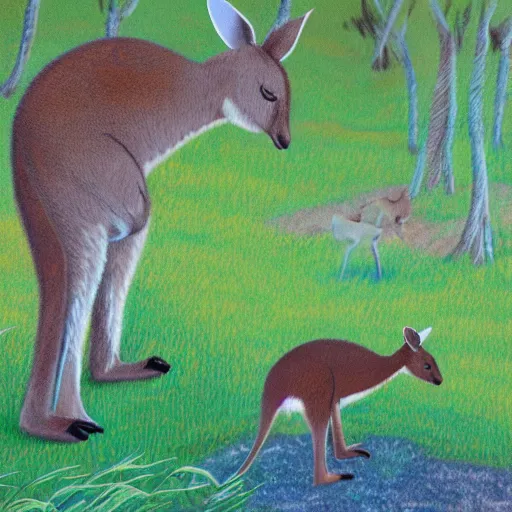 Image similar to detailed illustration, a young kangaroo in the boranup forest in the style of may gibbs,