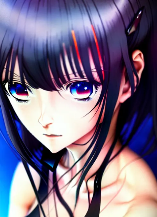 Image similar to anime portrait of a beautiful woman, blue - orange eyes, ilya kuvshinov, black clothing, anime, pixiv top monthly, trending on artstation, cinematic, danbooru, zerochan art, kyoto animation