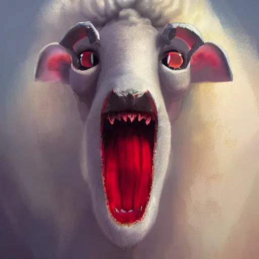 Image similar to A sheep with red whool and pointy Vampire teeth by Stanley Artgerm Lau, WLOP, Rossdraws, James Jean, Andrei Riabovitchev, Marc Simonetti, and Sakimichan, trending on artstation